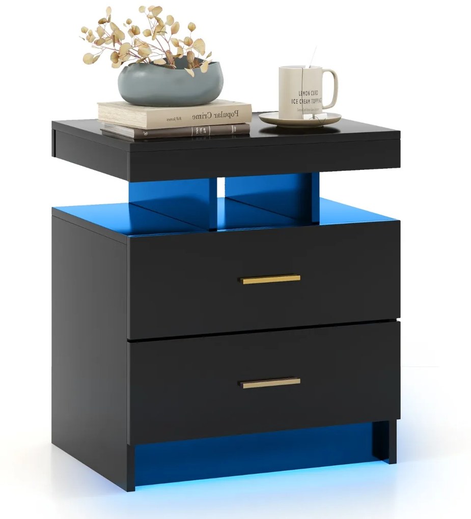 Mesa de cabeceira LED com 2 gavetas Mesa de cabeceira moderna com modo de luz ajustável e controlo remoto 50 x 40 x 58 cm Preto