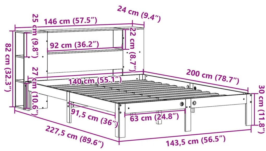 Cama com estante sem colchão 140x200 cm pinho maciço branco