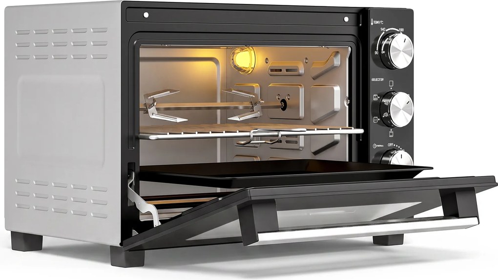 HOMCOM Forno Elétrico 1500W 28L com Temperatura Regulável Máx 230°, Timer 60 min, Grelha, Assadeira, Pegador para Assadeira | Aosom Portugal