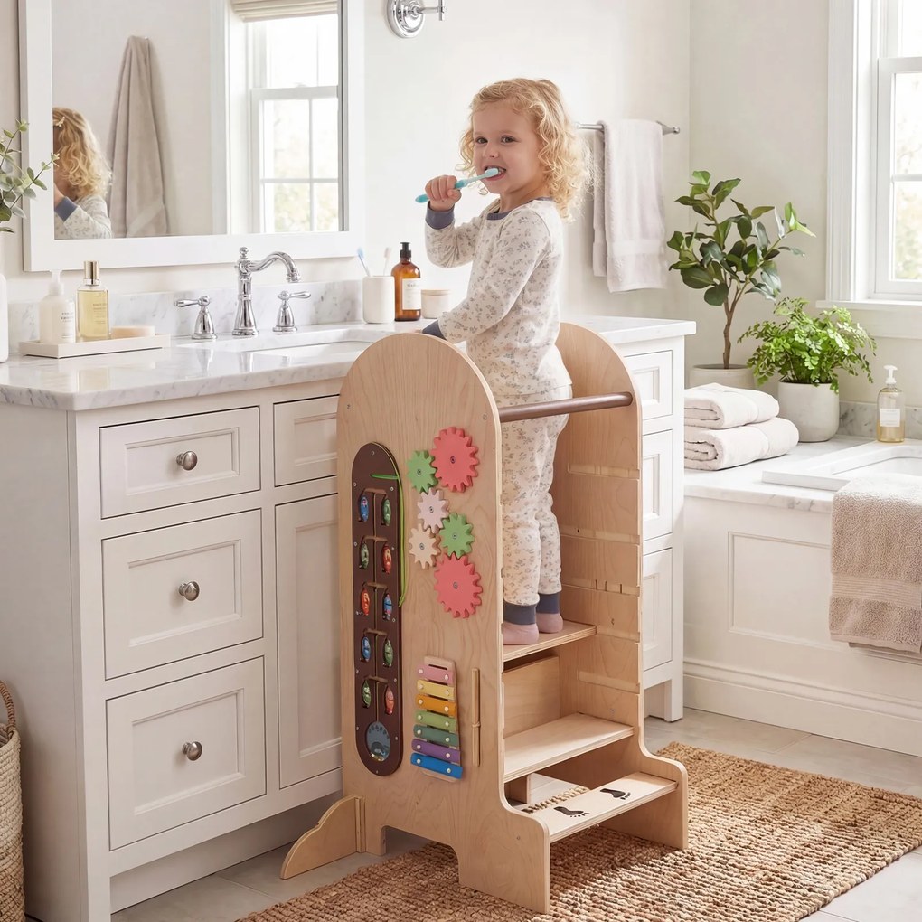 Torre de Aprendizagem Montessori 4 em 1, 72,5 x 59,5 x 90 cm, Altura Regulável, Natural