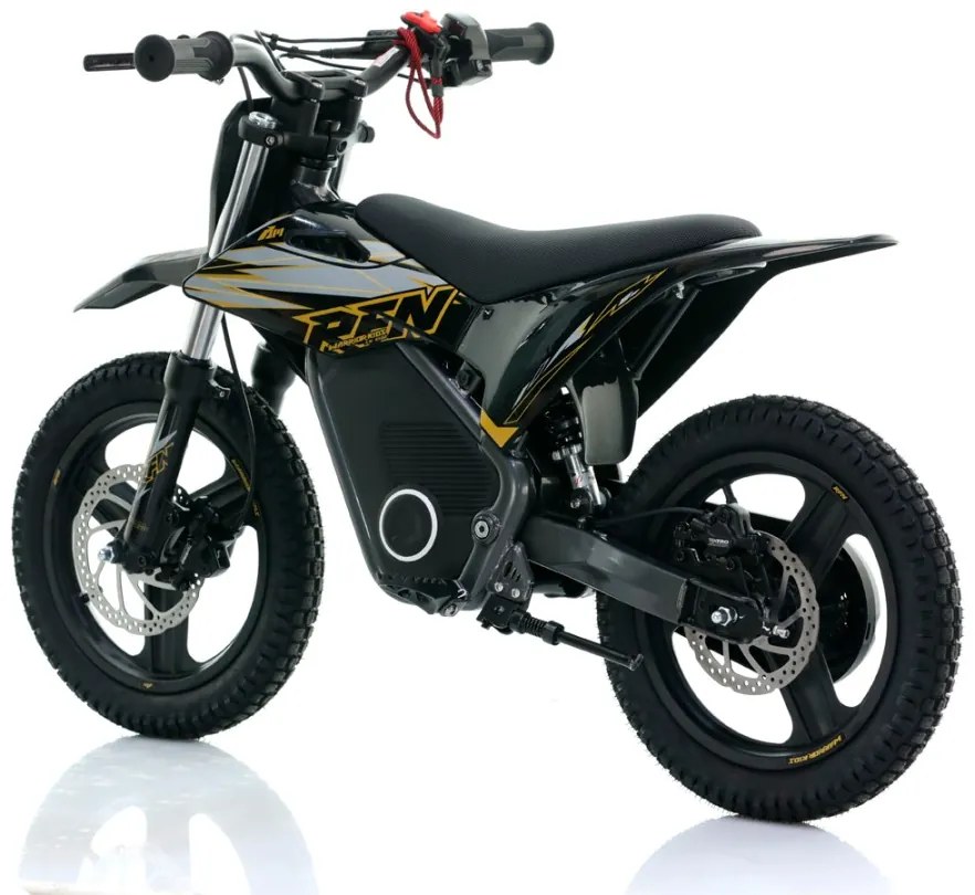 Mini moto elétrica para crianças velocidade até 35Km/h C/Limitador RFN Warrior SX-E500 500W 36V 14/14” Preta e Dourada