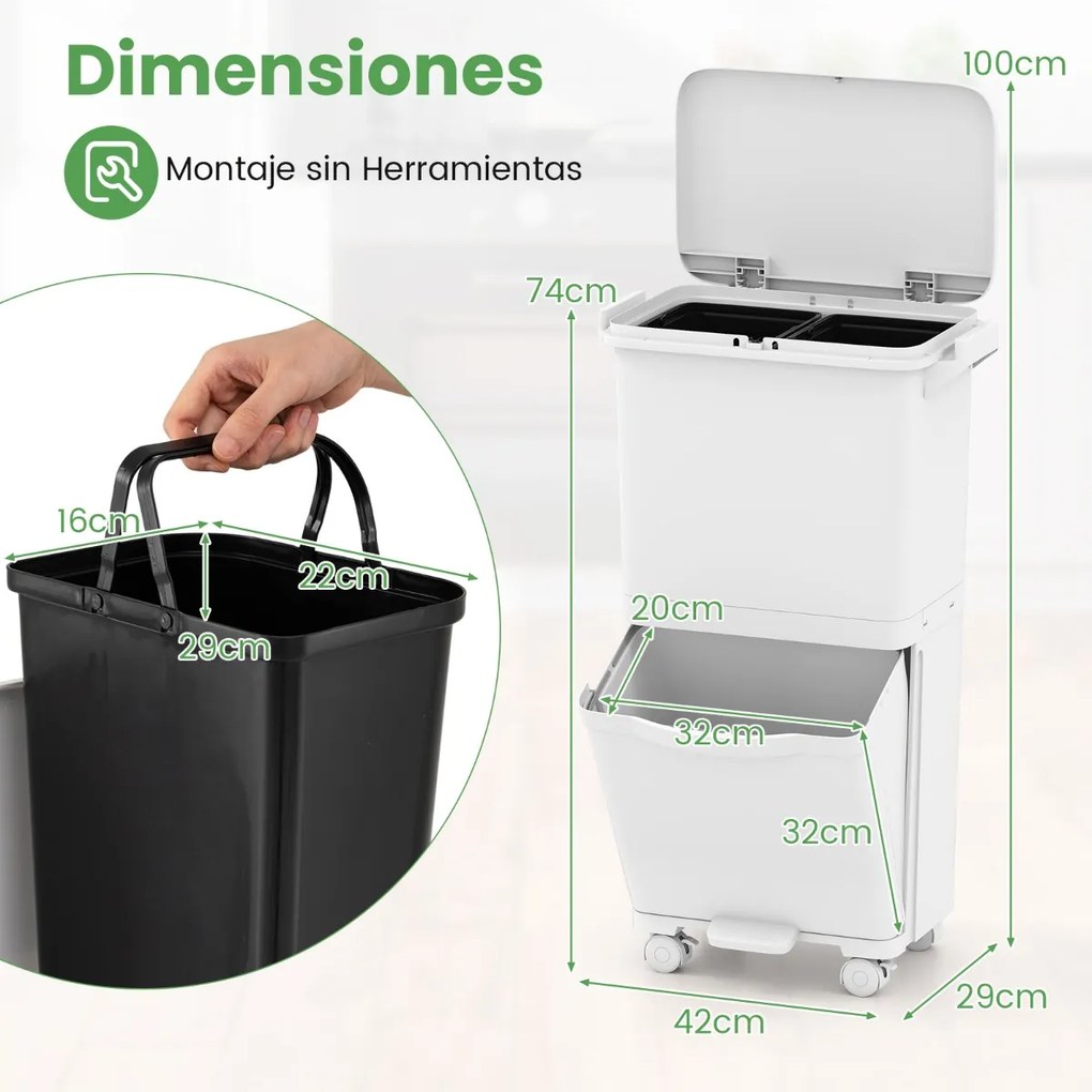 Caixote do lixo de 36 L com 2 cubos e autocolantes para classificação do lixo Contentor de resíduos com rodas universais Branco