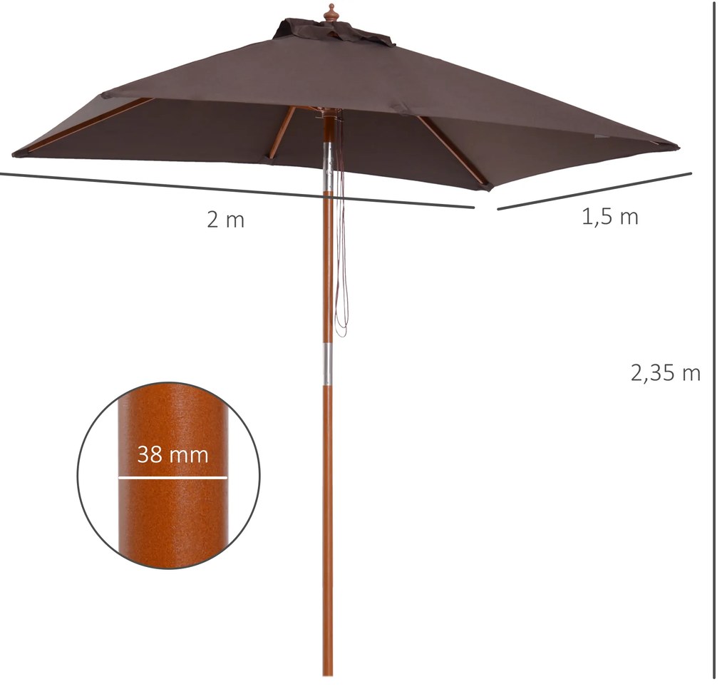 Chapéu de Sol de Jardim 200x150x230 cm Chapéu de Sol Retangular Inclinável com Polia Duplo Teto Castanho