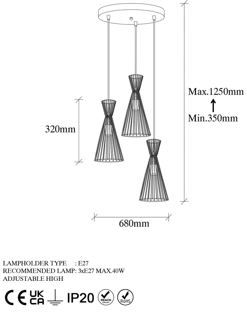 Chandelier Teltom – Dourado Brilhante – 68 x 68 x 125 cm