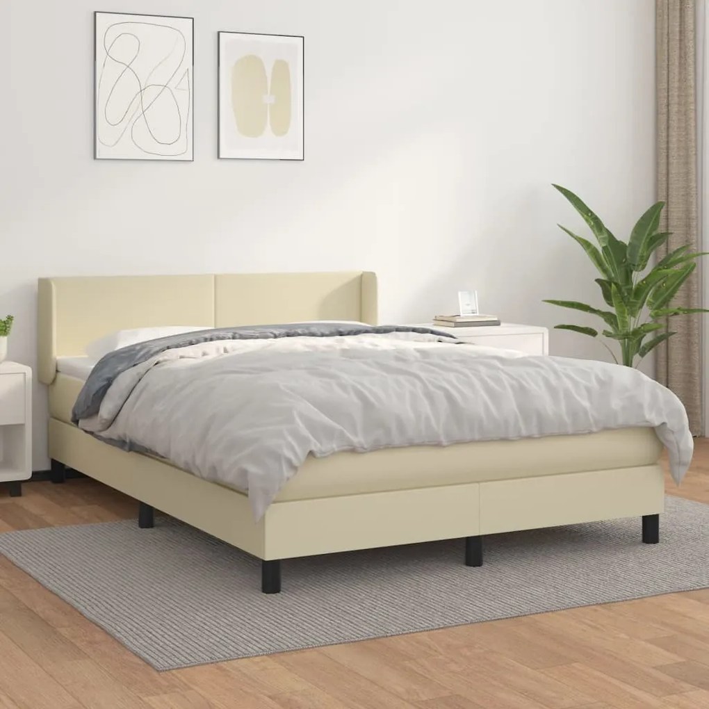 Cama com molas/colchão 140x190 cm couro artificial cor creme