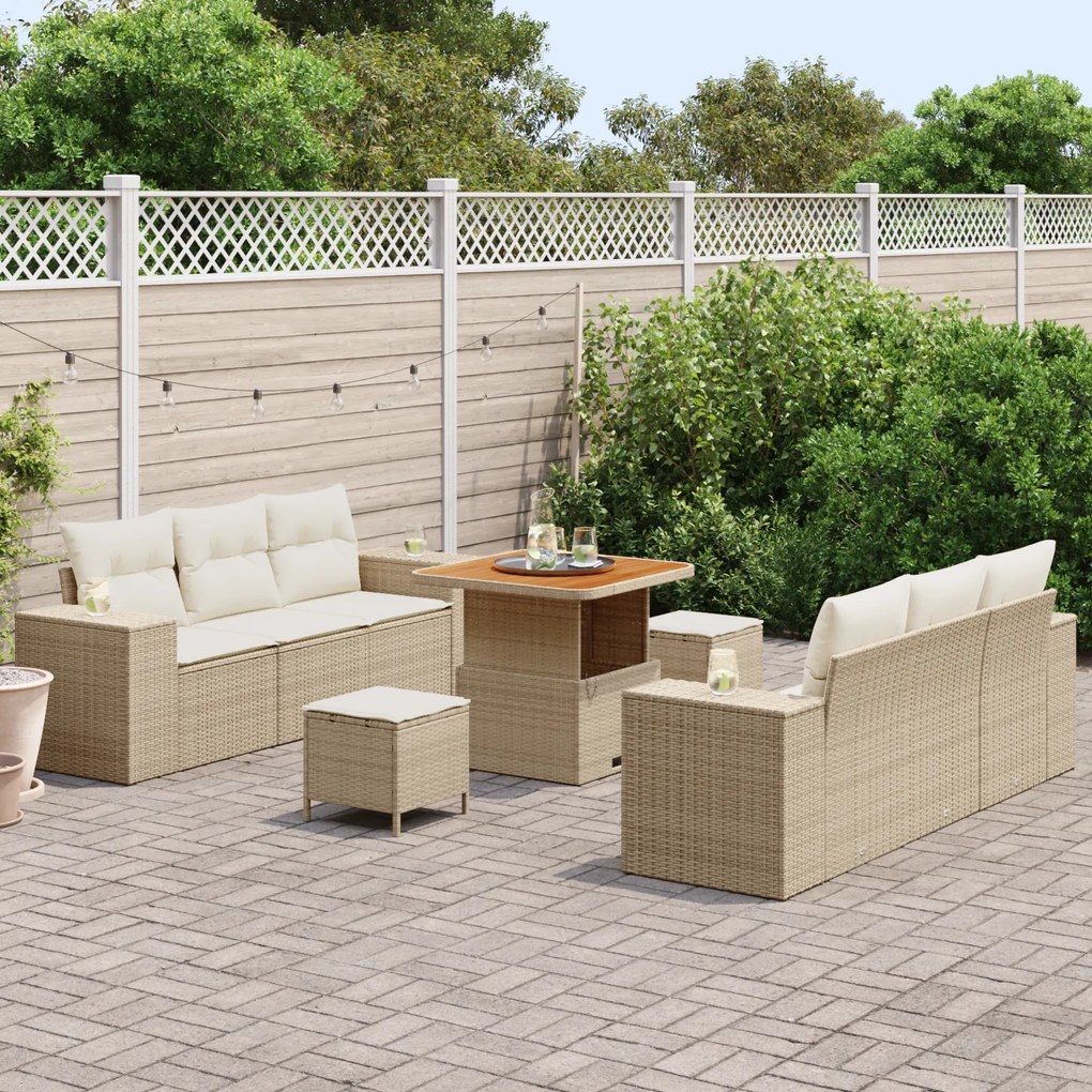 Conjunto de Sofá de Jardim de 9 Peças com Almofadas Bege Rattan Poliés
