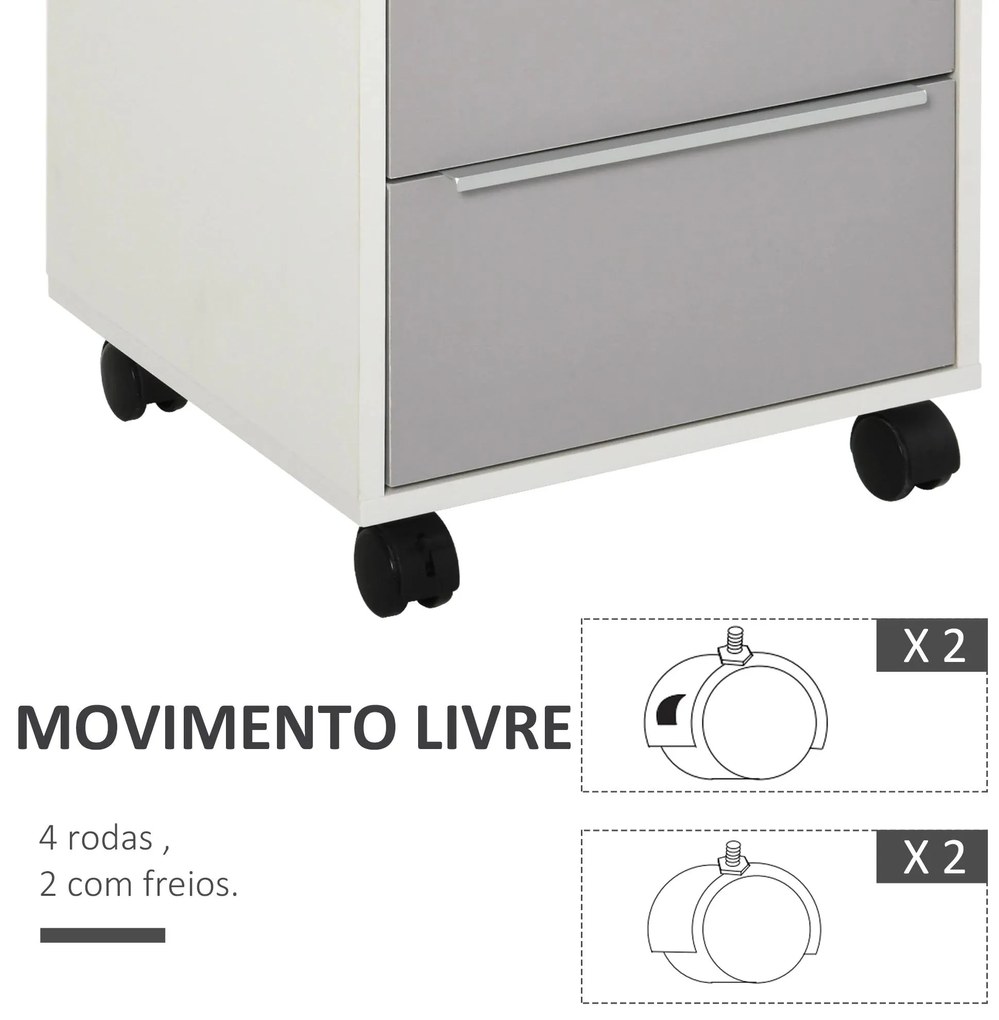 Bloco de Gavetas Móvel de Escritório com 3 Gavetas Fechadura Rodas e Travão para Documentos 40x40x63,5 cm Branco e Cinza