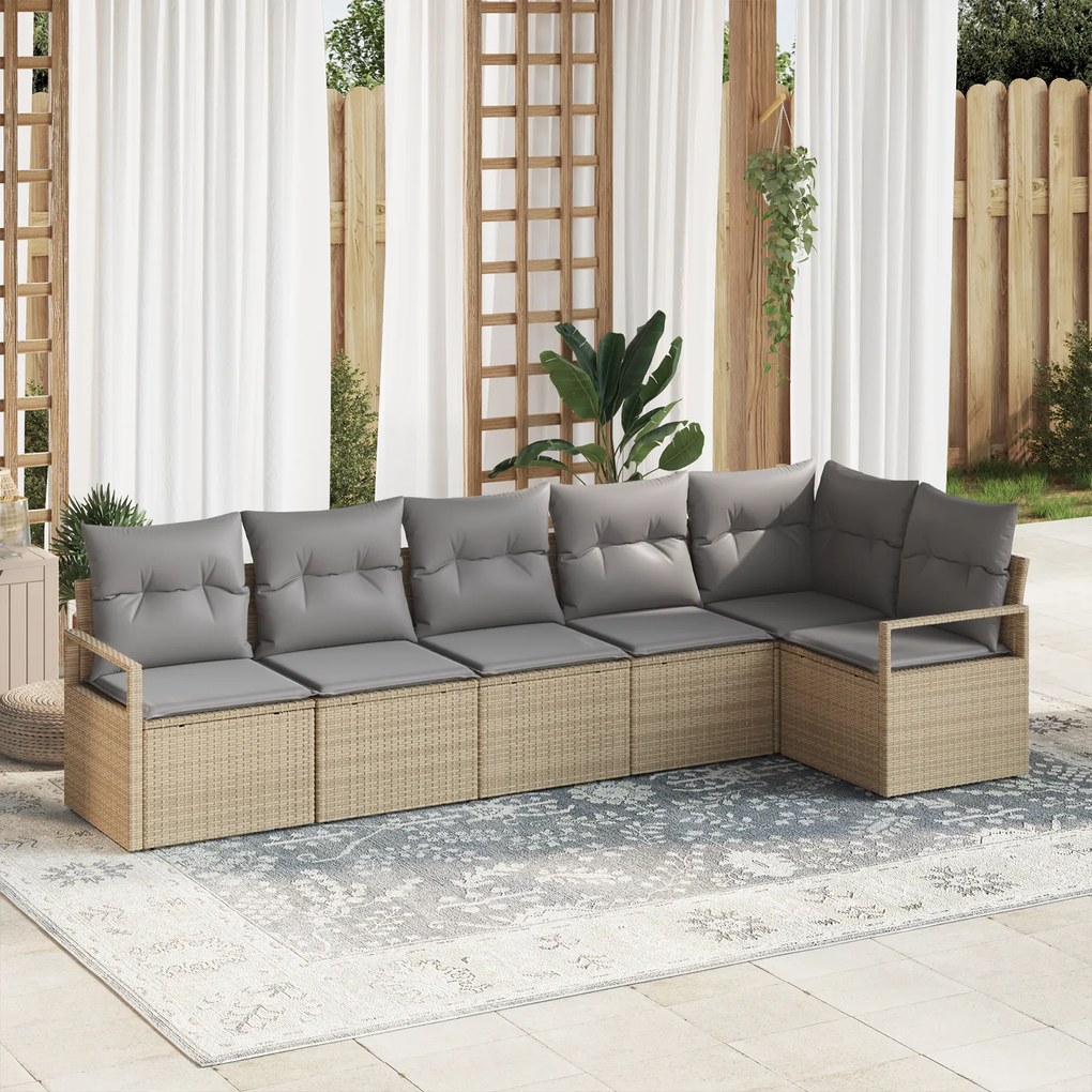 Conjunto de Sofá de Jardim de 6 Peças com Almofadas Bege Vime Sintétic