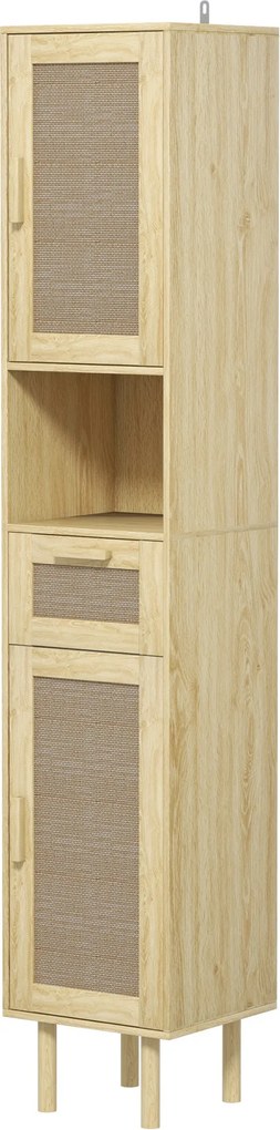 Móvel de casa de banho 32 x 30 x 170 cm com coluna de arrumação, portas em rattan, gaveta e 2 armários, cor em carvalho