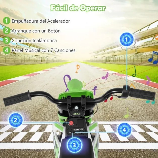 Mota elétrica para crianças 12V com rodas de treino removíveis e suspensão com molas Verde