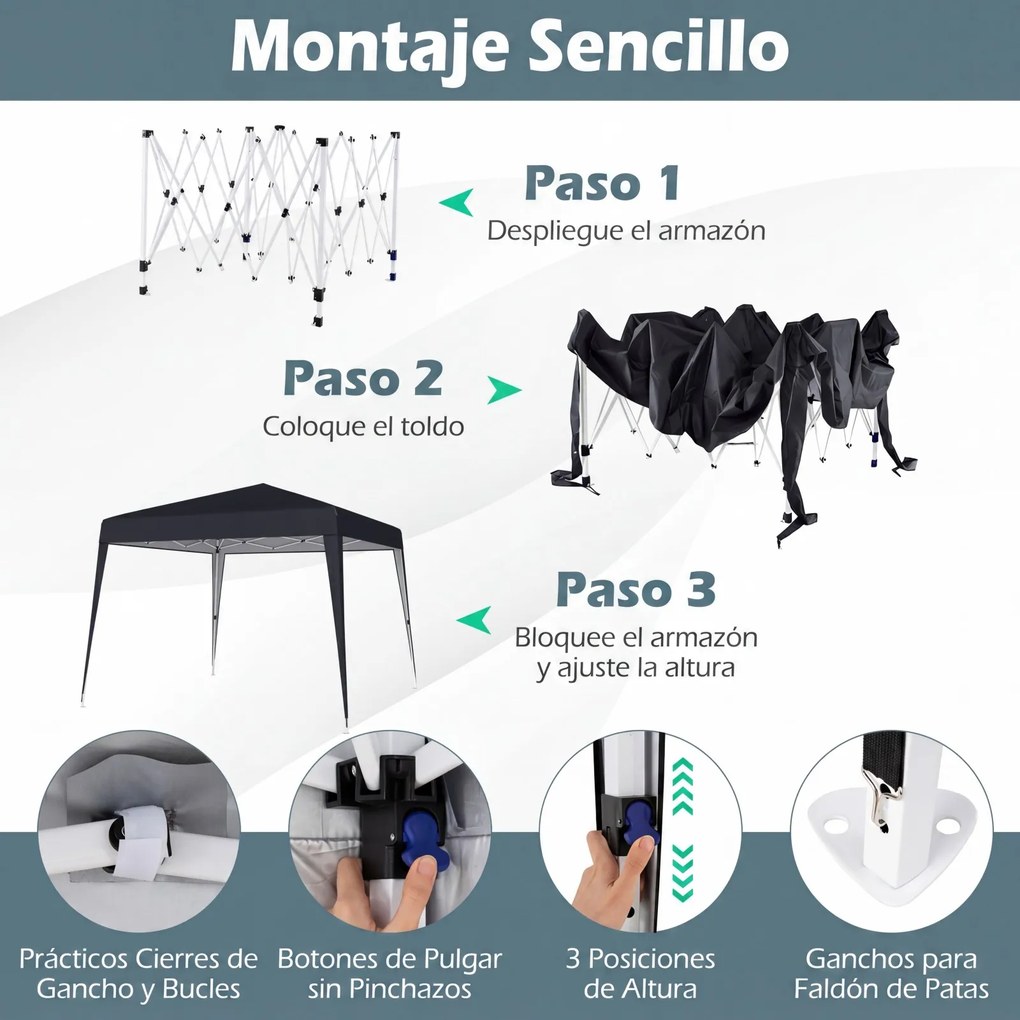 Tenda Dobrável para jardim e Festas, 300 x 300 x 247-267 cm, Altura Regulável com 4 sacos pesos, Preto