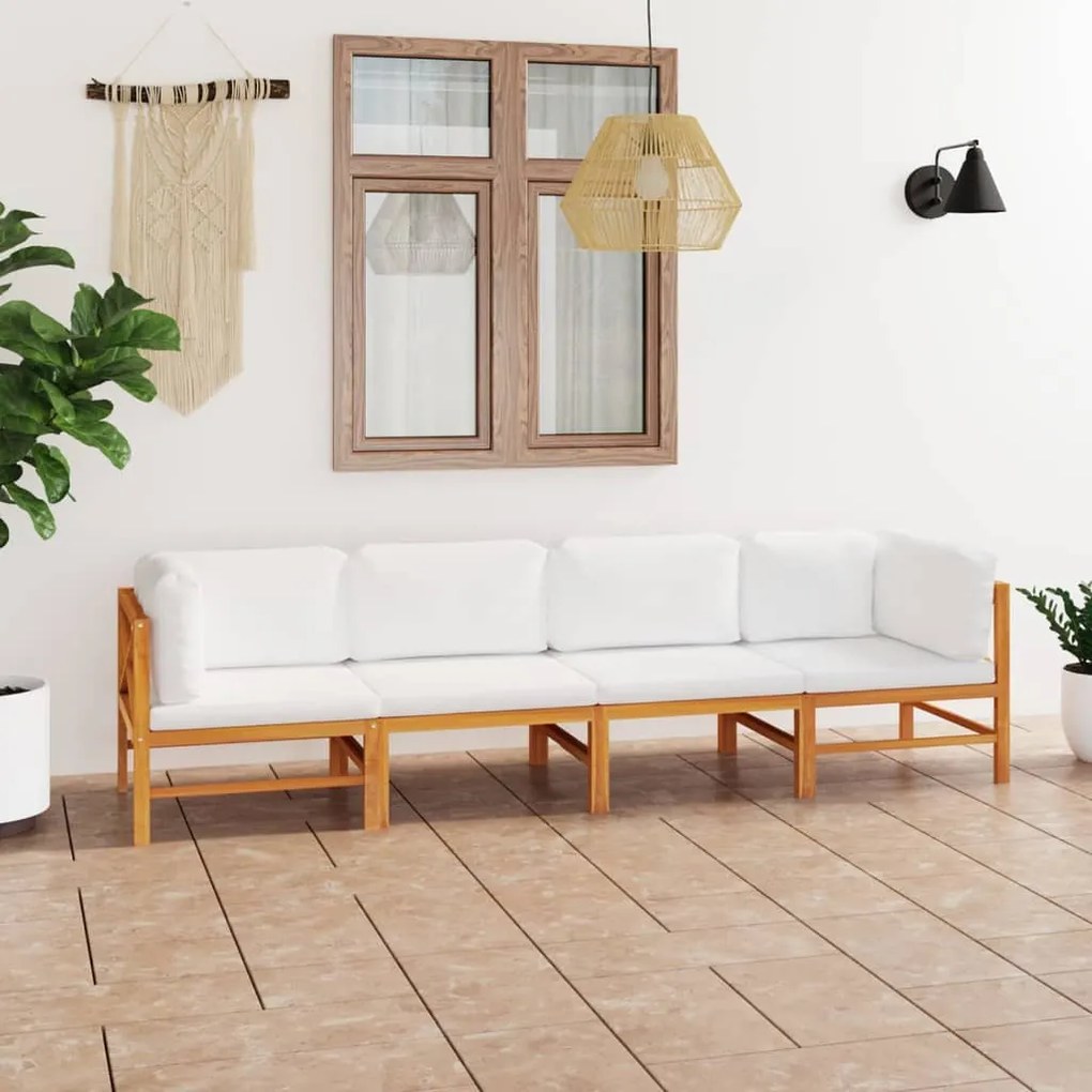 vidaXL Sofá de jardim 4 lugares c/ almofadões cor creme teca maciça