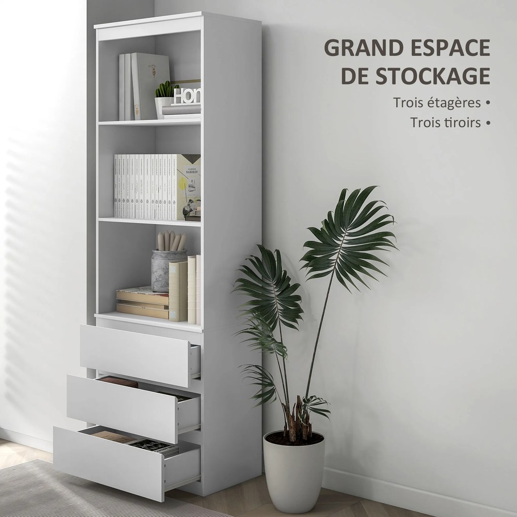 Estante com 180 cm de altura, com 3 prateleiras e 3 gavetas, 60 x 35 x 180 cm, em madeira branca