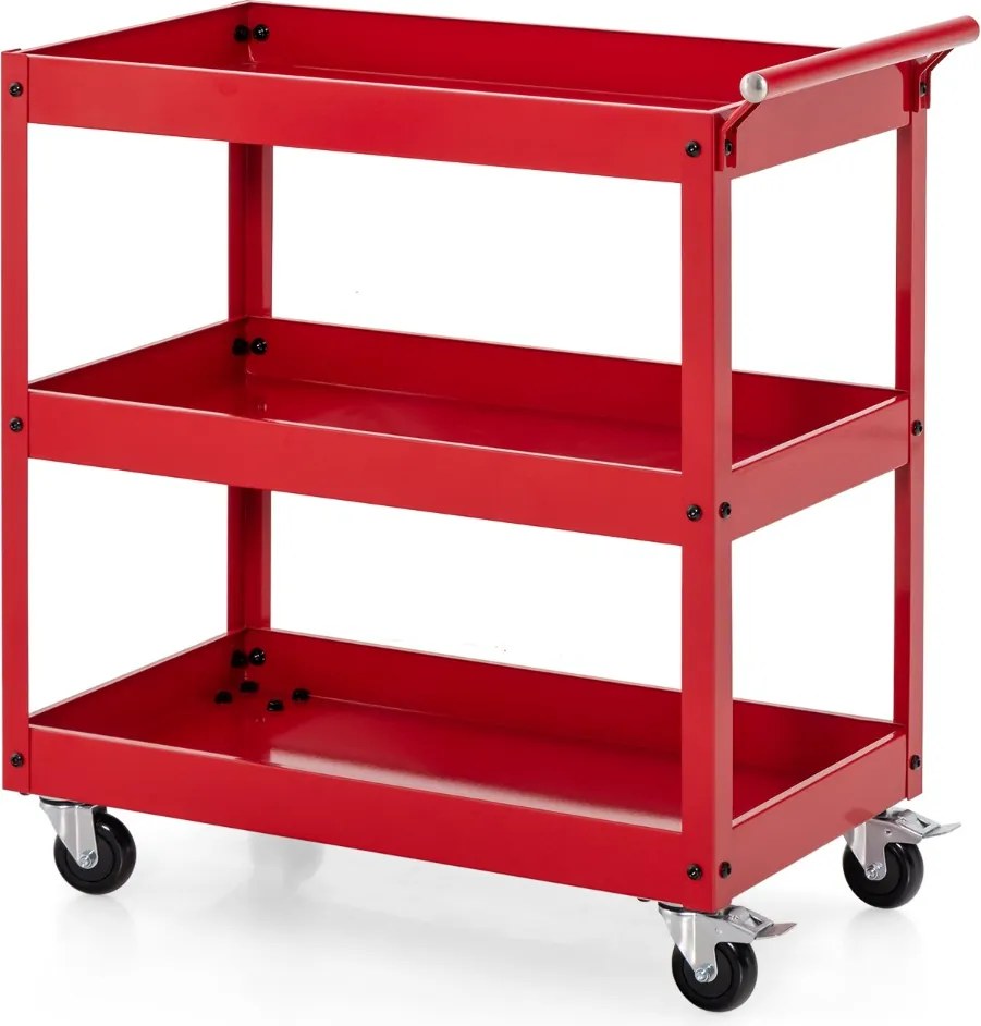 Carrinho 77,5 x 38 x 79 cm de 3 níveis de alta capacidade de metal com 3 prateleiras e pega ergonómica com Rodas para cozinha. escritorio Garagem Verm