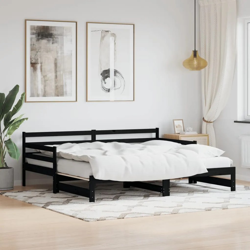 836149 vidaXL Sofá-cama com gavetão 90x200 cm madeira de pinho maciça preto