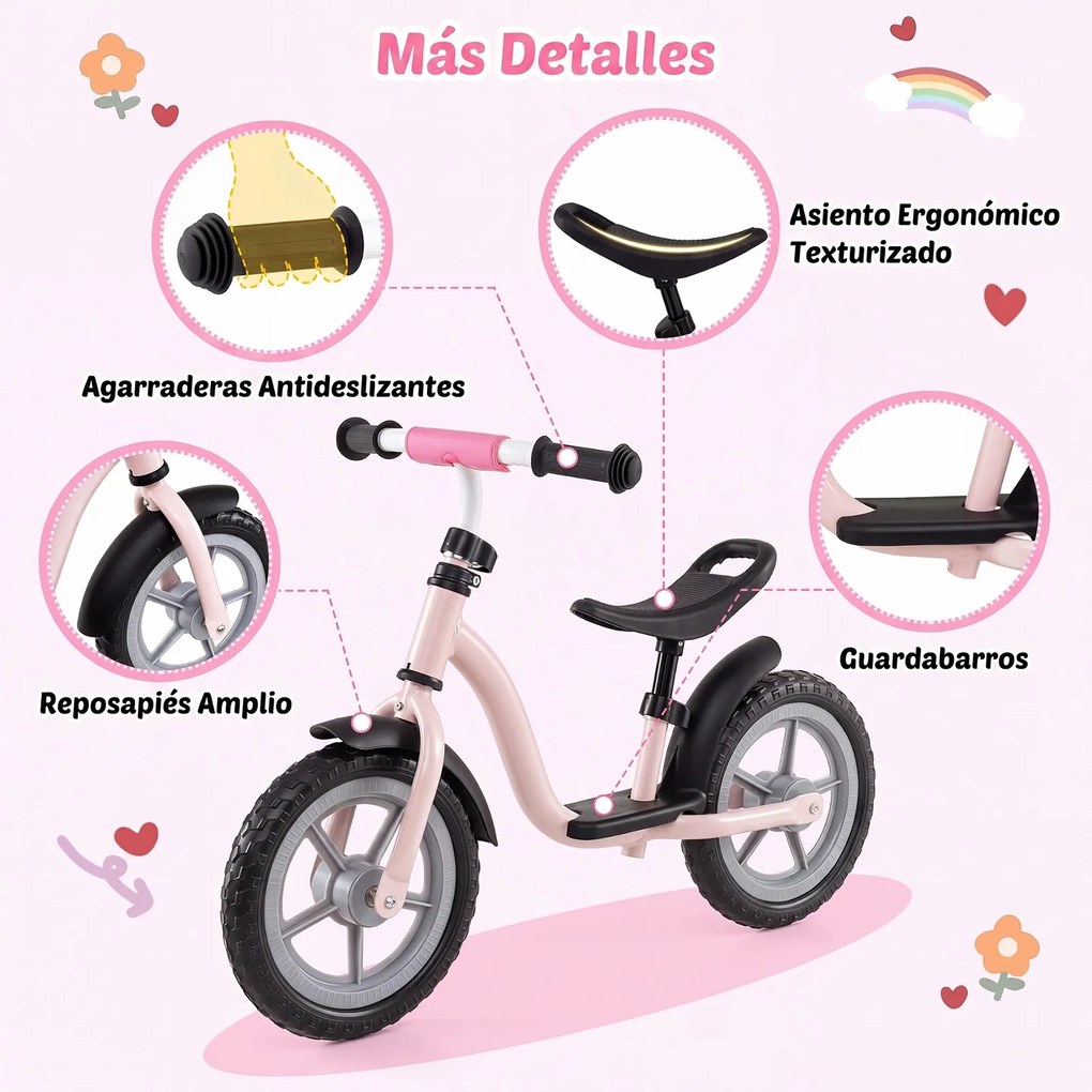 Bicicleta de Equilíbrio sem Pedais para Crianças, 86 x 41 x 51-56 cm, Guiador e Selim Reguláveis, Rosa