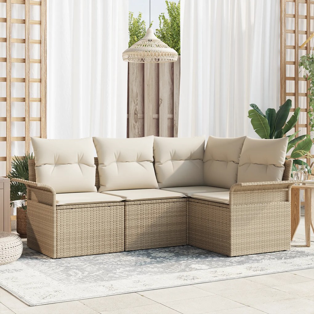 Conjunto de Sofás para Jardim com Almofadas Bege Poly Rattan
