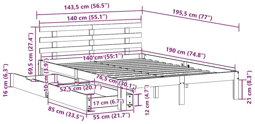 Estrutura de cama com gavetas 140x190 cm pinho maciço branco