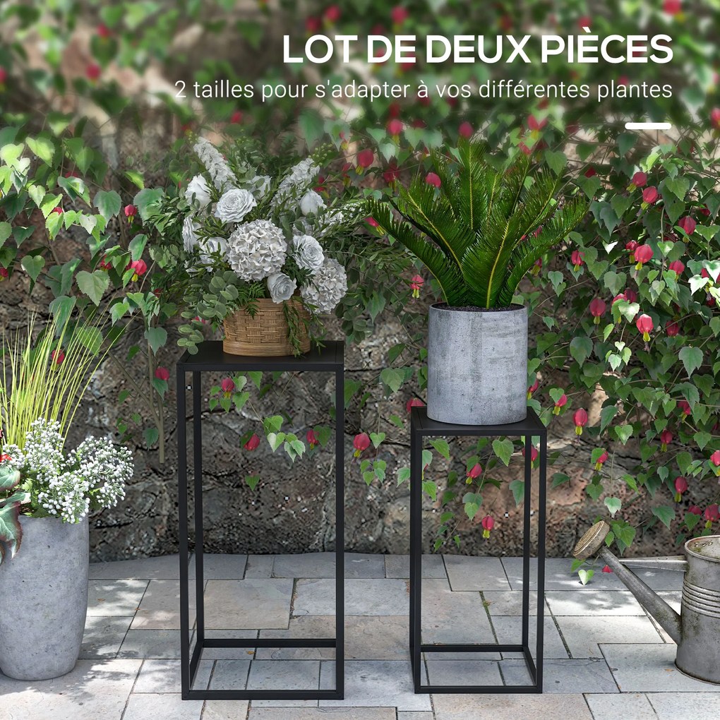 Conjunto de 2 suportes para vasos de flores encaixáveis, com 2 alturas diferentes (58,5 e 65 cm) - aço preto