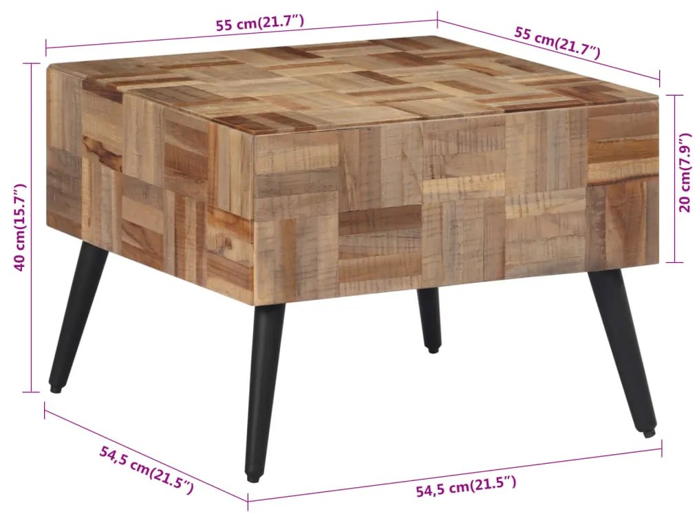 Mesa de centro 55x55x40 cm teca recuperada maciça cinzento