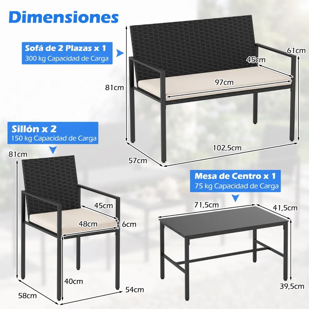 Conjunto de jardim de 4 peças em rattan para exterior: cadeiras, sofá, mesa de centro em vidro temperado e almofadas macias; ideal para jardim, alpend