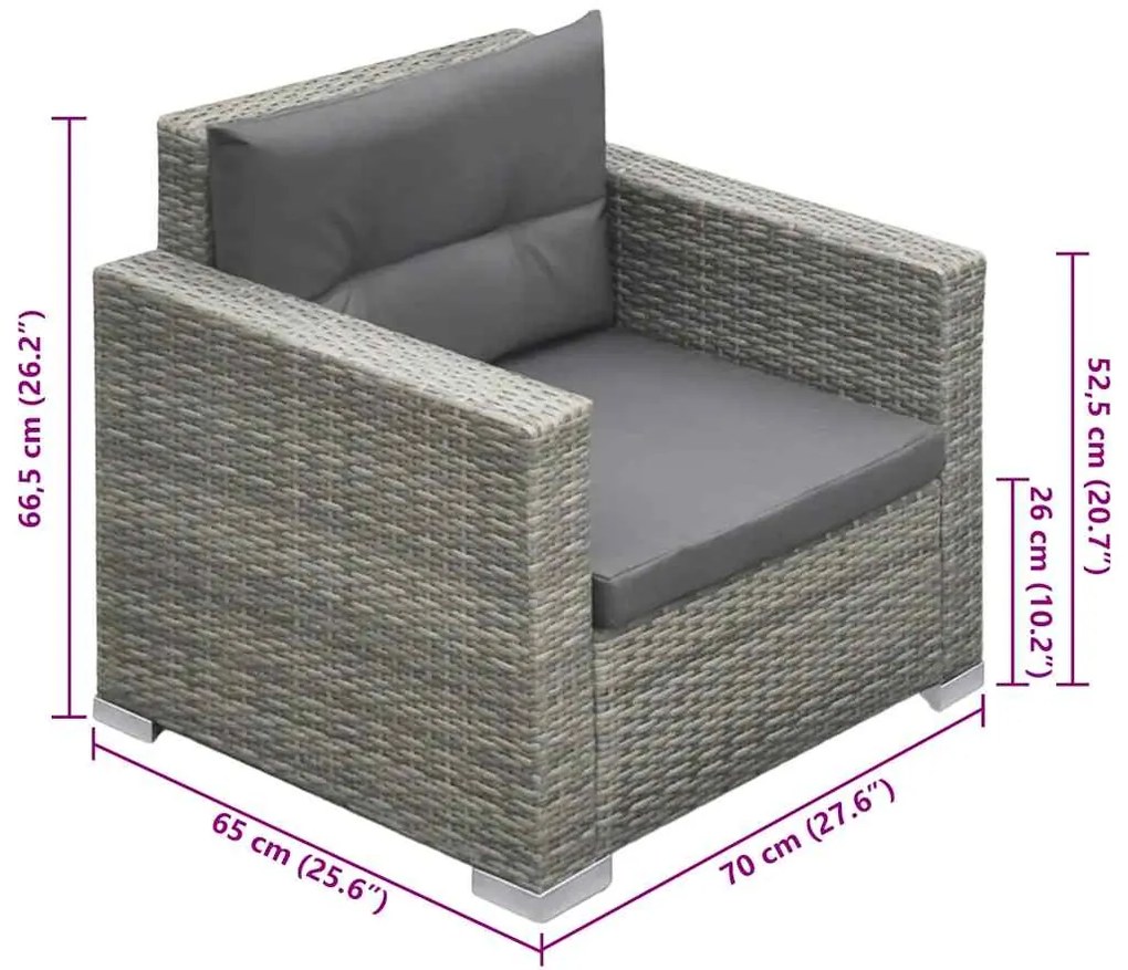 6 pcs conjunto lounge de jardim c/ almofadões vime PE cinzento