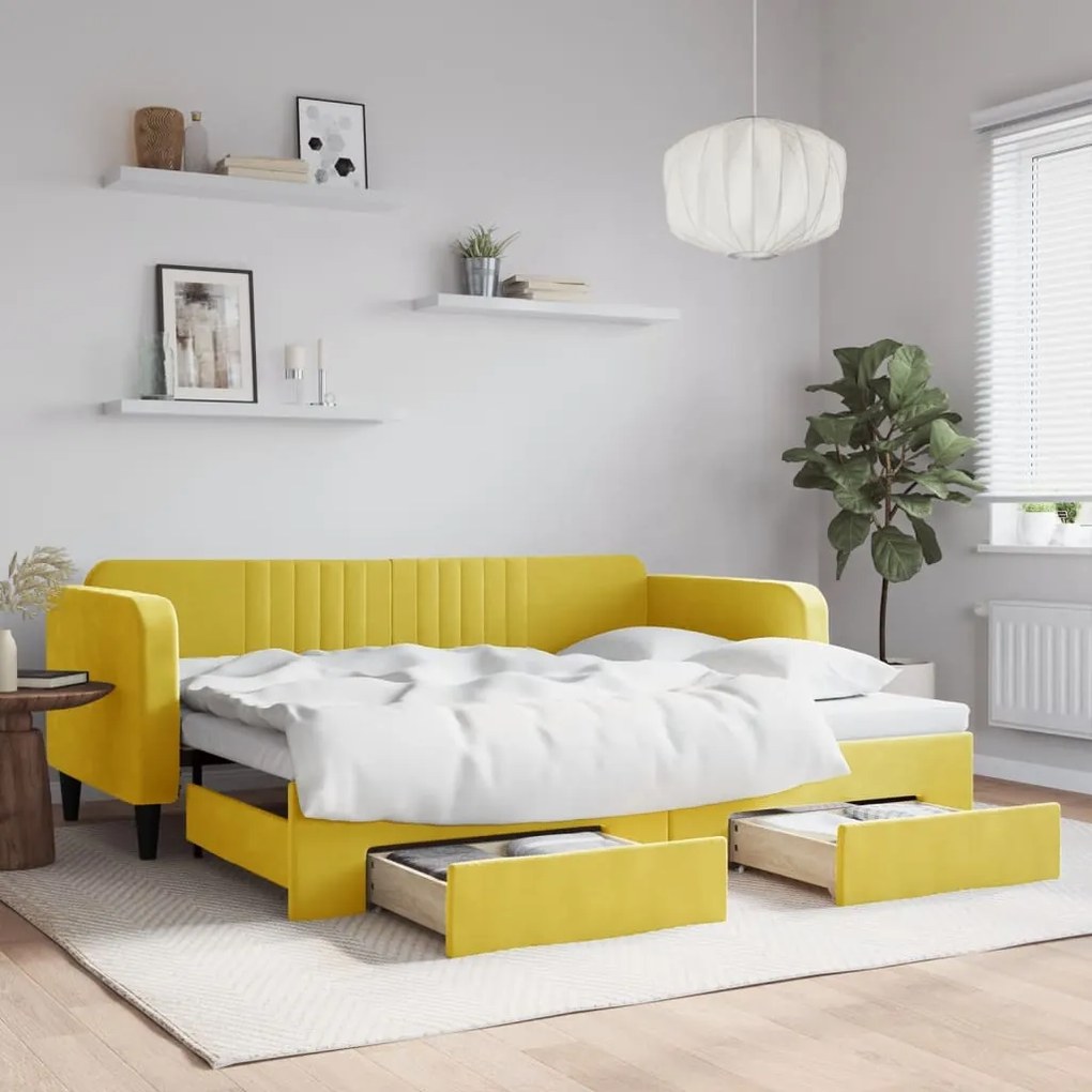 vidaXL Sofá-cama com gavetão e gavetas 90x200 cm veludo amarelo