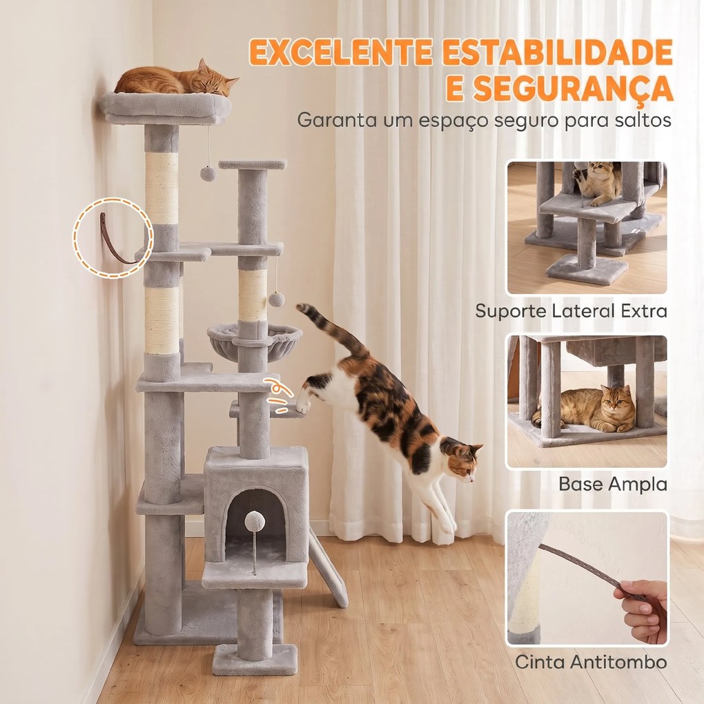 Árvore Arranhadora para Gatos 152 cm Multinível com Casinha Rede Cama Escada Arranhadora 4 Postes de Sisal e Bolas Cinza Claro