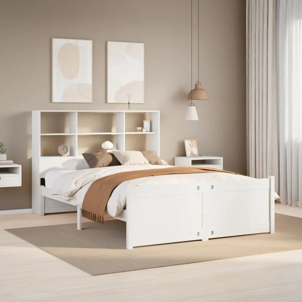 Cama com estante sem colchão 140x200 cm pinho maciço branco