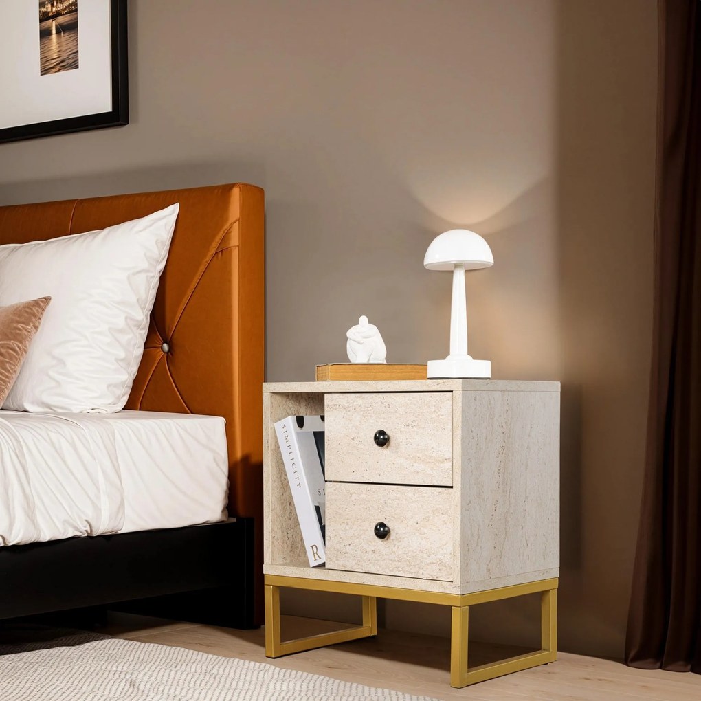 Mesa de Cabeceira Glimmer - Travertine Gold - 45,2x50x29,5 cm