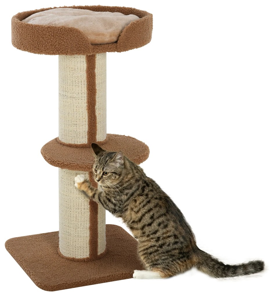 Arranhador para Gatos Altura 91 cm de 3 Níveis com Ninho Plataforma e Poste de Sisal 45x45x91 cm Castanho Claro