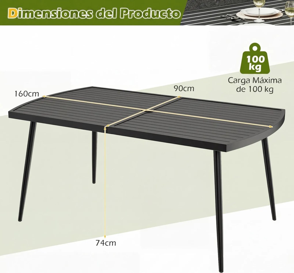 Mesa de jantar jardim retangular (CADEIRAS NÃO INCLUIDAS) 160 x 90 cm com orifício para guarda-sol de 4 cm, tampo com ripas metálicas, para pátio ou j