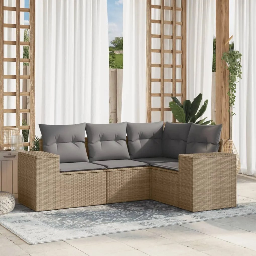 4 pcs conjunto de sofás para jardim c/ almofadões vime PE bege