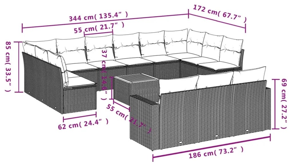 14 pcs conjunto de sofás p/ jardim com almofadões vime PE bege