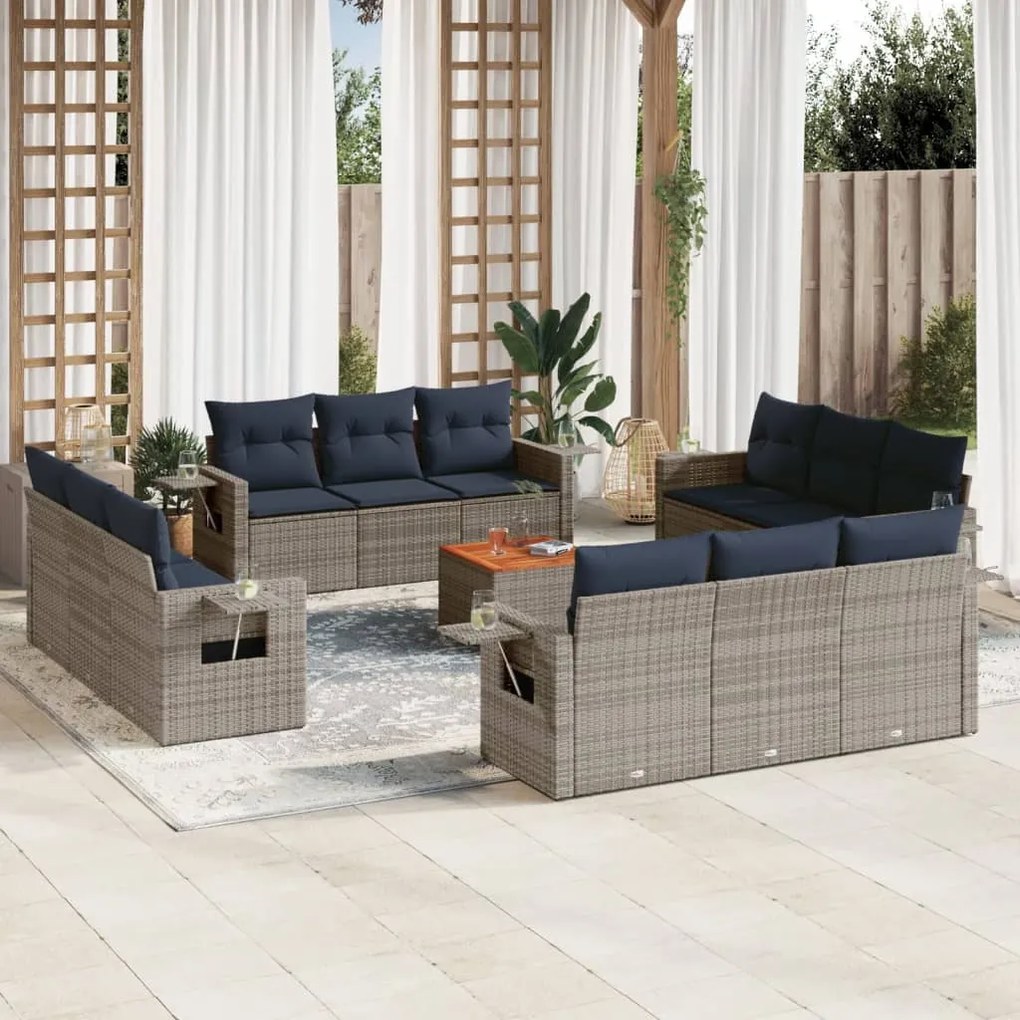 vidaXL 13 pcs conjunto sofás p/ jardim c/ almofadões vime PE cinzento