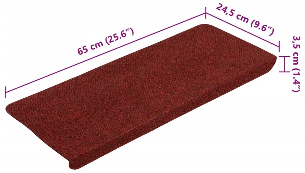 Tapetes de escada autoadesivos 15 pcs 65x24,5x3,5 cm vermelho