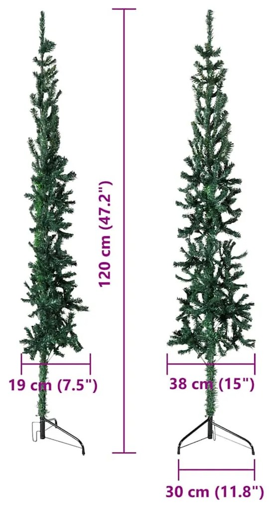 Meia árvore de Natal fina com suporte 120 cm verde