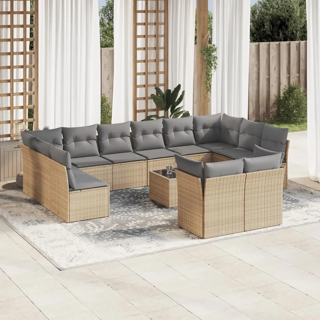 13 pcs conjunto de sofás p/ jardim com almofadões vime PE bege