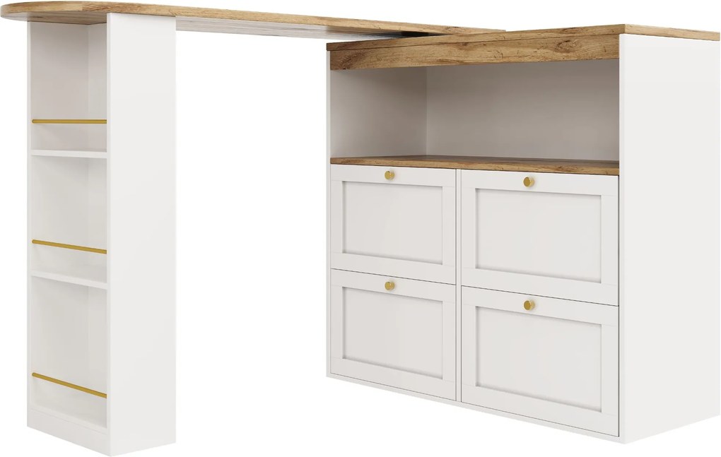 Mesa de bar giratória 360°, móvel modular em forma de L com 4 gavetas e prateleiras abertas, para sala de jantar, sala de estar, Branco