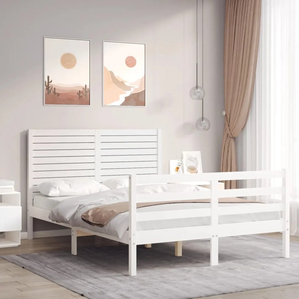 3194997 vidaXL Estrutura de cama de casal c/ cabeceira madeira maciça branco