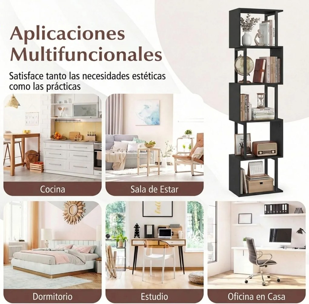 Estante de 5 prateleiras geométrica em forma de S com estrutura metálica e sistema anti-tombamento 38 x 23 x 147 cm Preta