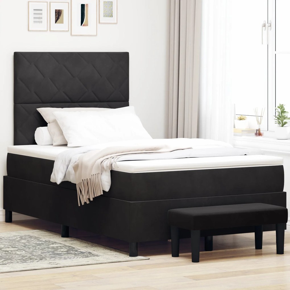 Cama box spring com colchão e banco preto 120x200 cm veludo