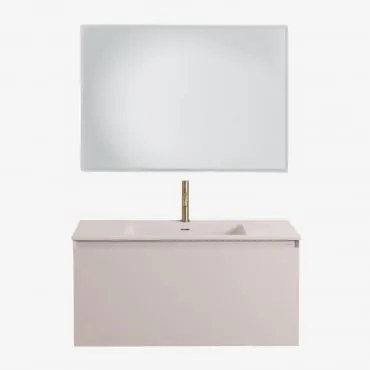 Conjunto De Móvel De Casa De Banho Suspenso Em Madeira Com Lavatório Integrado Macrae Crema Linho & Led Retangular E Anti-embaciamento 100x70 Cm Riben
