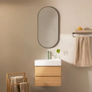 Conjunto De Móvel De Casa De Banho Em Madeira E Chapa De Freixo Com Lavatório Integrado Ona Madeira Natural & Ovale Led E Antifog Preto - Sklum