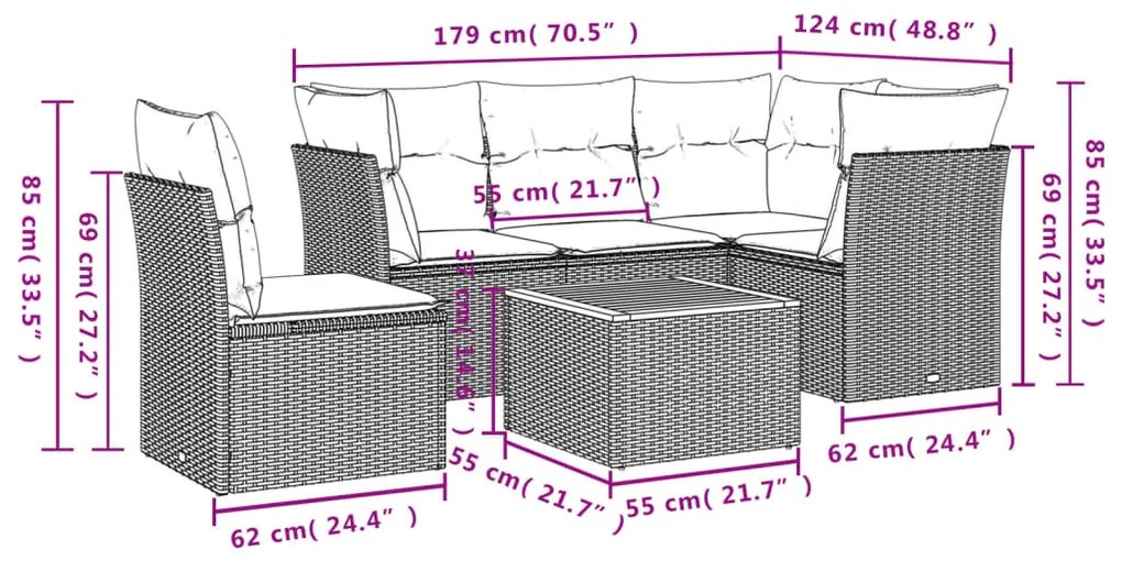 6 pcs conjunto de sofás p/ jardim com almofadões vime PE bege