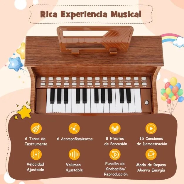 Piano de brincar com 25 teclas para crianças 38 x 24 x 47 cm, com banco e suporte, velocidade e volume ajustáveis, modo de aprendizagem, design em mad