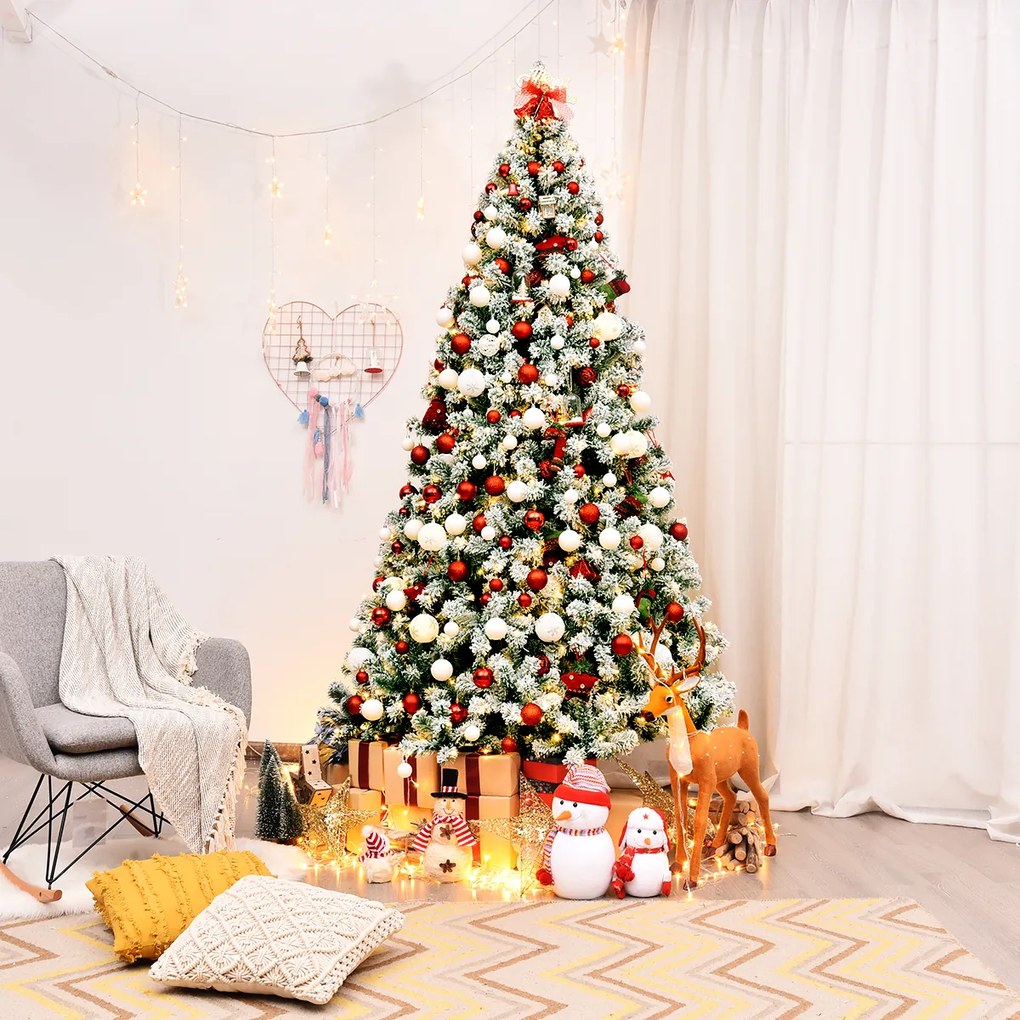 Arvore natal com neve artificial de 225 cm Iluminado com dobradiça 550 luzes LED Base metálica dobrável Verde