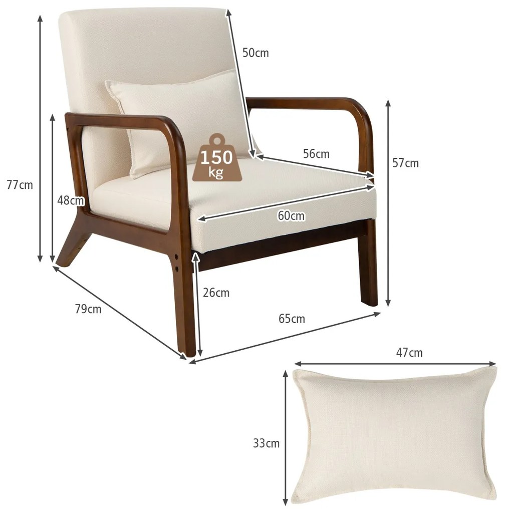 Poltrona Moderna 79 x 65 x 77 cm com Estrutura em Madeira de Borracha Almofada Lombar Almofadas de Feltro Antiderrapantes Bege