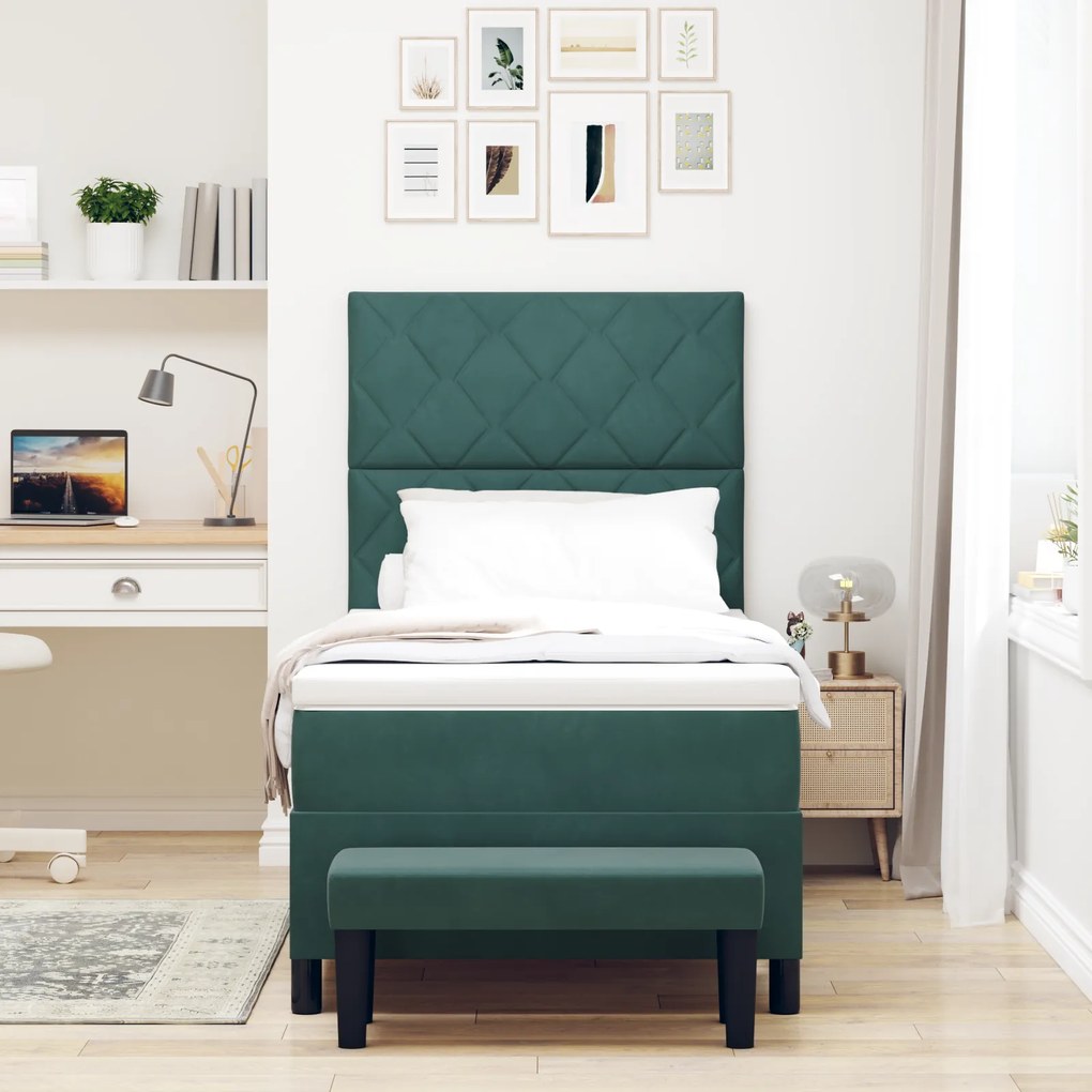 Cama Box com Colchão & Banco Verde Escuro 90x190 cm Veludo