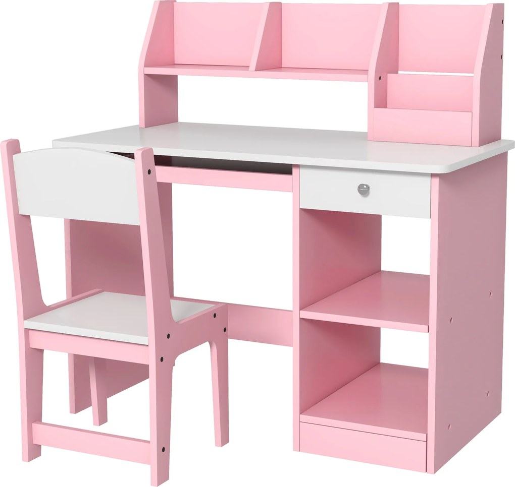 Secretária infantil com cadeira ergonómica, tabuleiro deslizante para teclado, gavetas, compartimentos abertos e prateleiras abertas, 90 x 45 x 90 cm,
